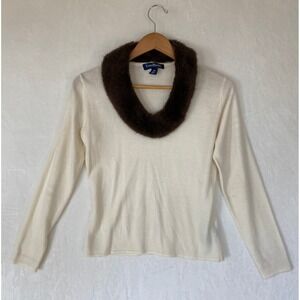 Evan Picone Petite Med Cream Faux Fur Collar Knit Sweater Old Money 90s‎ Luxury